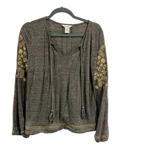 Sundance Kiersey‎ Gold Embroidered Gray Long Sleeve Tassel Linen Top Size S
